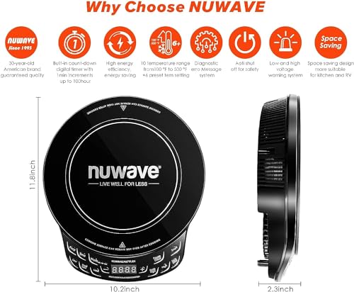 Nuwave موقد نوفايف دقيق بالحث، زجاج سيراميك مقاوم للكسر بحجم 10.25 بوصة، ملف تسخين بحجم 6.5 بوصة، 45 درجة حرارة من 100°F إلى 500°F، 3 إعدادات للطاقة 600 و 900 و 1300 واط - Image 5