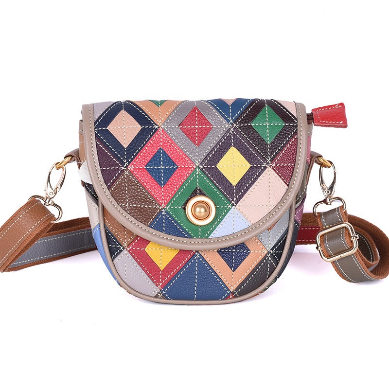 Retro Genuine Leather Women'S Small Bag With Contrasting Color Design, Cowhide Ethnic Style Crossbody Saddle Bag, Model - Image 1
