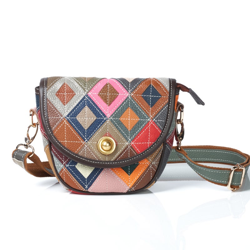 Retro Genuine Leather Women'S Small Bag With Contrasting Color Design, Cowhide Ethnic Style Crossbody Saddle Bag, Model - Image 2