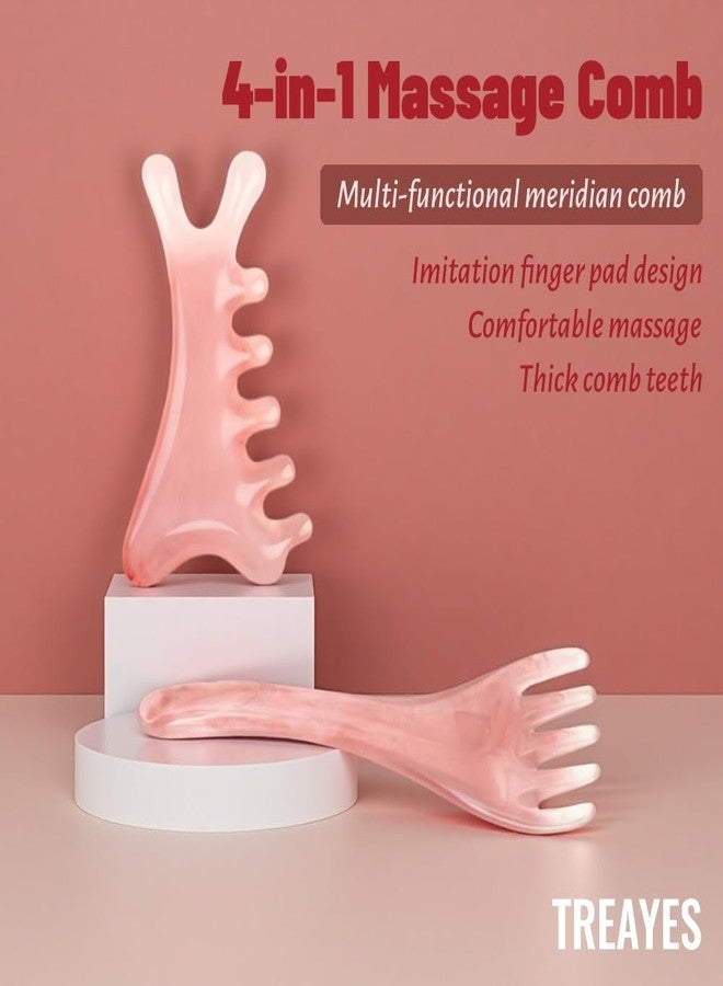 Treayes 2pcs Massage Comb Set, Pink 4-in-1 Gua Sha Tools and Scalp Massage Comb with Handle, Resin and Amber Handmade, for Head Eye Relaxation and Face Body Gua Sha, Valentine's Day Gift - Image 2