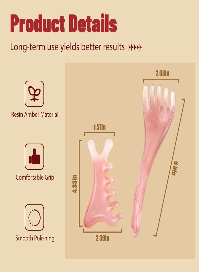 Treayes 2pcs Massage Comb Set, Pink 4-in-1 Gua Sha Tools and Scalp Massage Comb with Handle, Resin and Amber Handmade, for Head Eye Relaxation and Face Body Gua Sha, Valentine's Day Gift - Image 5