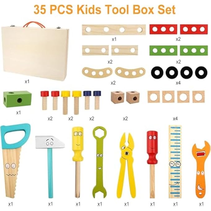 KIDS TOOL KIT, WOODEN TOOL BOX, CONSTRUCTION PLAYSET, EDUCATIONAL STEM CONSTRUCTION TOYS, RAMADAN BIRTHDAY GIFTS FOR 2-6 YEARS OLD TODDLER BOYS GIRLS (CARTOON) - Image 3