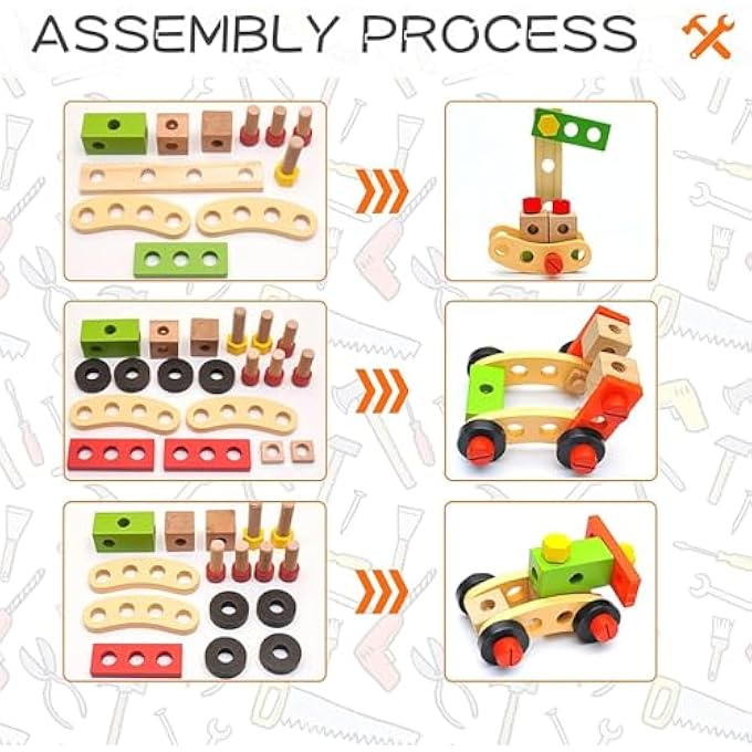 KIDS TOOL KIT, WOODEN TOOL BOX, CONSTRUCTION PLAYSET, EDUCATIONAL STEM CONSTRUCTION TOYS, RAMADAN BIRTHDAY GIFTS FOR 2-6 YEARS OLD TODDLER BOYS GIRLS (CARTOON) - Image 4