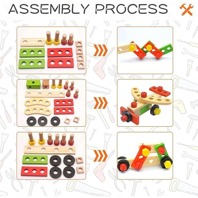 KIDS TOOL KIT, WOODEN TOOL BOX, CONSTRUCTION PLAYSET, EDUCATIONAL STEM CONSTRUCTION TOYS, RAMADAN BIRTHDAY GIFTS FOR 2-6 YEARS OLD TODDLER BOYS GIRLS (CARTOON) - Image 5