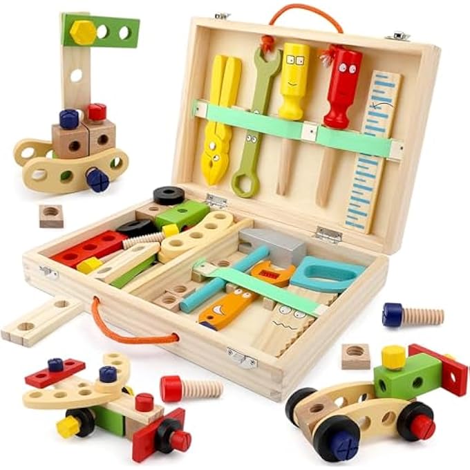 KIDS TOOL KIT, WOODEN TOOL BOX, CONSTRUCTION PLAYSET, EDUCATIONAL STEM CONSTRUCTION TOYS, RAMADAN BIRTHDAY GIFTS FOR 2-6 YEARS OLD TODDLER BOYS GIRLS (CARTOON) - Image 2