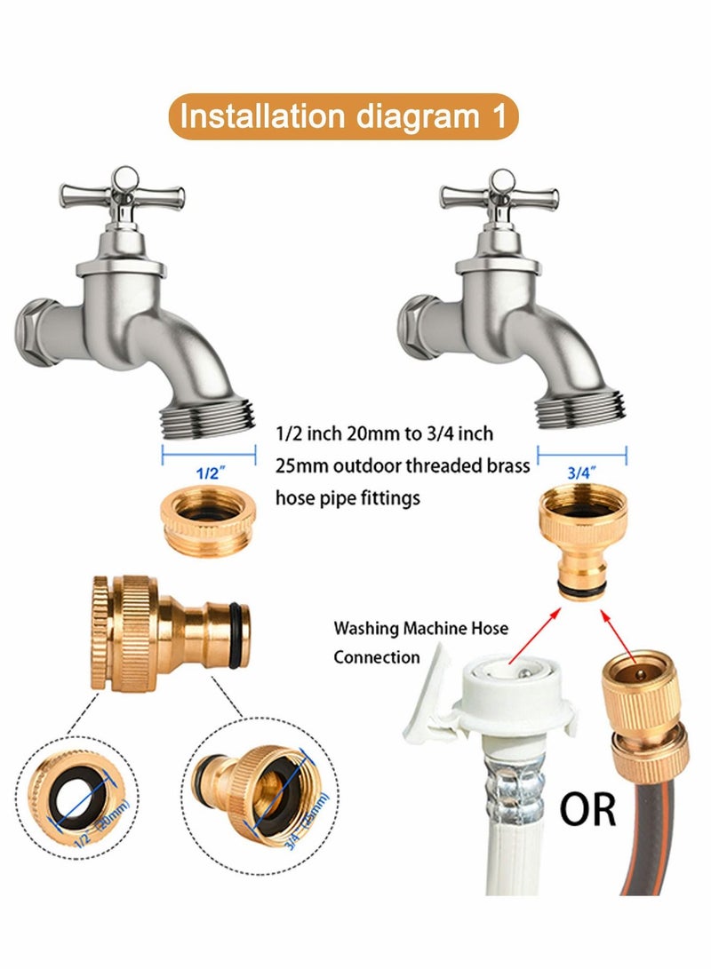 Brass Hose Tap Connector Universal Adapter Faucet Adaptor with 2in1 Female Threaded for Garden Kitchen Shower Irrigation Watering Fitting Pipe