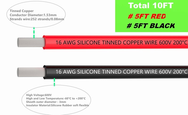 TUOFENG 16 AWG Electrical Wire - 10 Feet (5 ft Black, 5 ft Red) - 16 Gauge Silicone Wire - Flexible, High Temp Resistant - Image 3