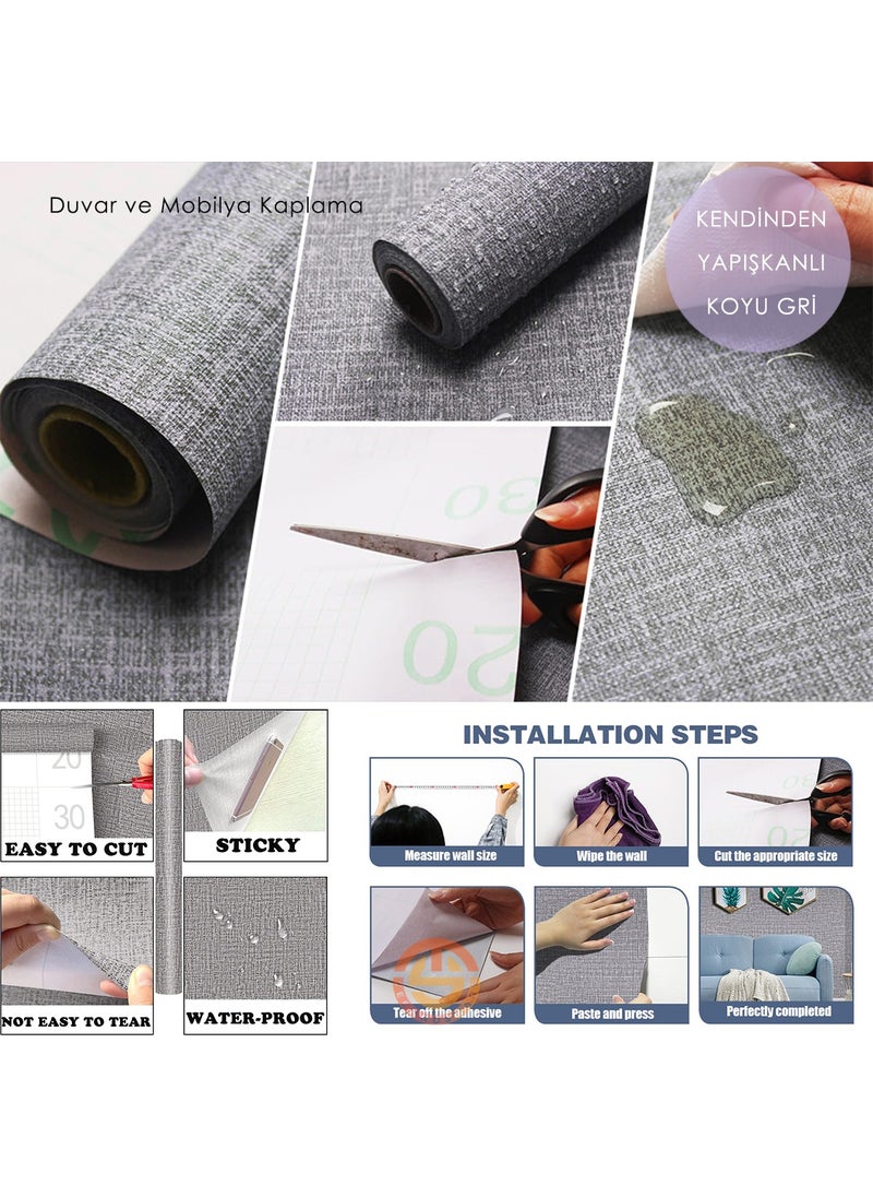 Technosmart 60 cm ×500 cm Self-Adhesive Linen Dark Gray Wallpaper Kitchen Cabinet Table Covering  - Image 2