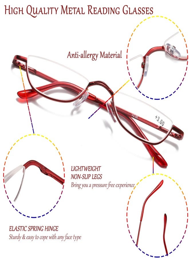 Viseng Half Frame Reading Glasses for Women Men Slim Half Moon Lens Readers Metal Semi Rimless eyewear Purple+Red+2.0 - Image 3
