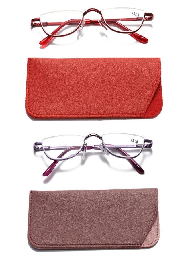 Viseng Half Frame Reading Glasses for Women Men Slim Half Moon Lens Readers Metal Semi Rimless eyewear Purple+Red+2.0 - Image 1
