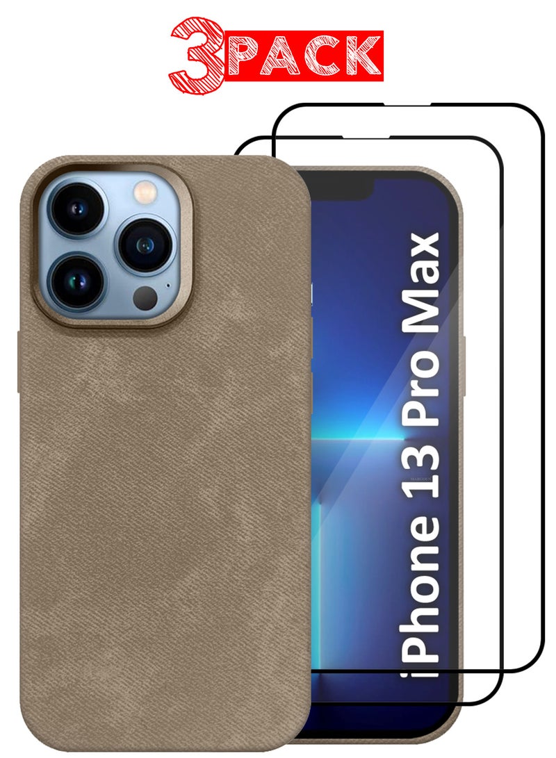 CATANES 3Packs iPhone 13 Pro Max Alcantara Case Cover Premium Quality Luxurious Soft Touch Protection with Metal Camera Frame with Two 3D Screen Protectors - Desert Titanium  - Image 1