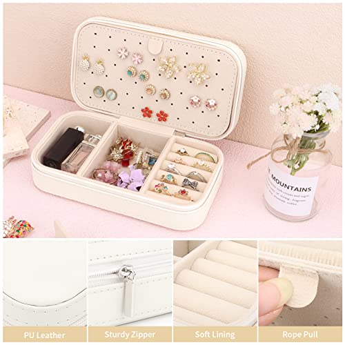 DesignSter Travel Jewelry Box, PU Leather Portable Jewelry Case, Small Jewelry Boxes for Gifts, Travel Jewelry Organizer for Women Rings Earrings Necklaces Bracelets (Beige) - Image 3
