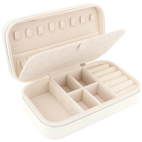 DesignSter Travel Jewelry Box, PU Leather Portable Jewelry Case, Small Jewelry Boxes for Gifts, Travel Jewelry Organizer for Women Rings Earrings Necklaces Bracelets (Beige) - Image 1