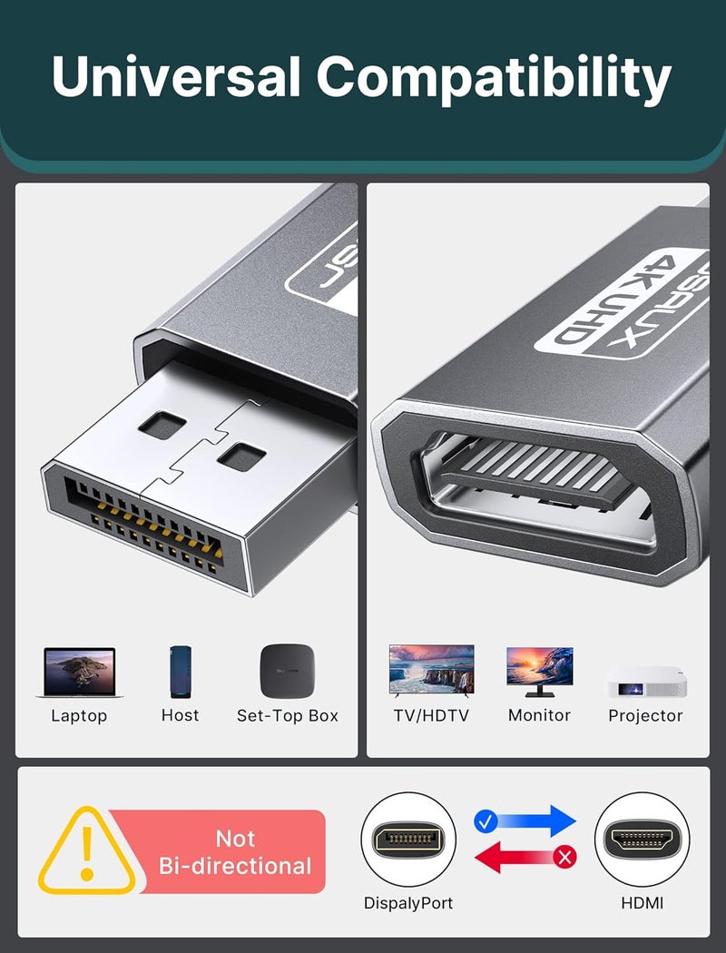 محول 4K DisplayPort إلى HDMI - حزمة من 2، محول من DP للكمبيوتر إلى شاشة HDMI، فيديو UHD 2K@120Hz، 4K@30، محول DP إلى HDTV من ذكر إلى أنثى أحادي الاتجاه، متوافق مع Dell، Lenovo، HP، GPU، AMD - رمادي - Image 2
