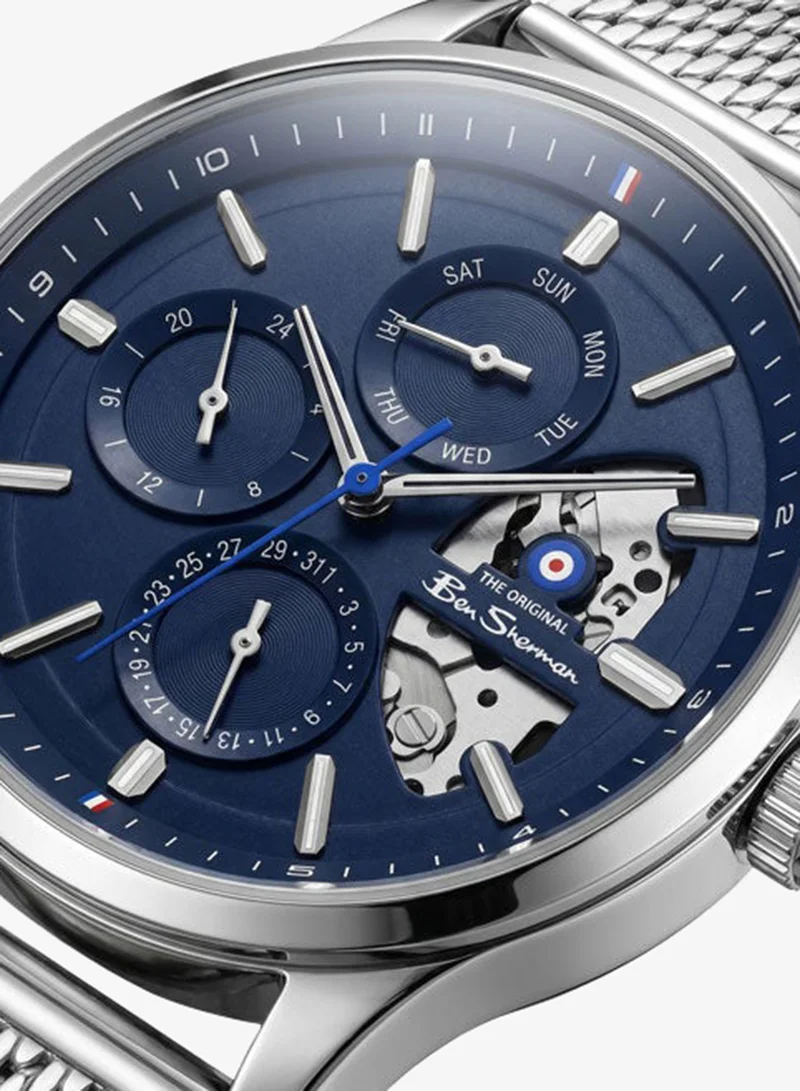 Ben Sherman St Albans Blue Dial Stainless Steel Bracelet Multifunction Watch for Men, 43.5mm