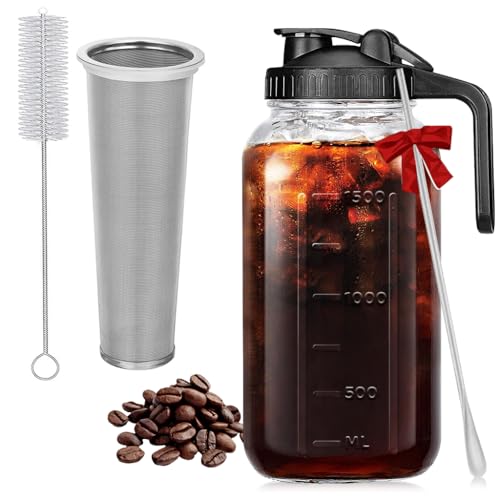 Supvox® 64Oz Cold Blew Glass Kettle Coffee Maker Leaking Proof Lid Design with Handle & Nozzle Cool Water Bottle Iced Coffee Pitcher with Stainless Steel Cone Filter & Cleaning Brush - Image 1