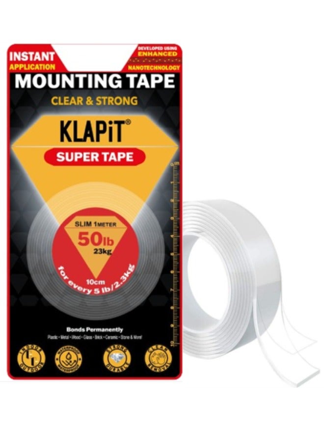 KLAPiT KLAPiT SUPER TAPE Waterproof Clear Nano Tape Holds 23kg 50 lbs Double Sided Heavy Duty Anti Slip Multipurpose Mounting – Home Decor, Kitchen, Bathroom Organizer, Carpet Tape multi surface – Slim 1M  - Image 1
