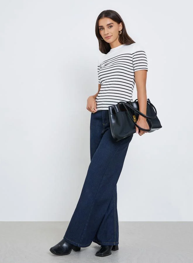 Styli Back Knot Detail Striped Crew Neck Top