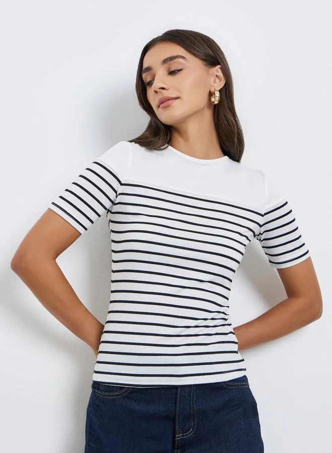 Styli Back Knot Detail Striped Crew Neck Top