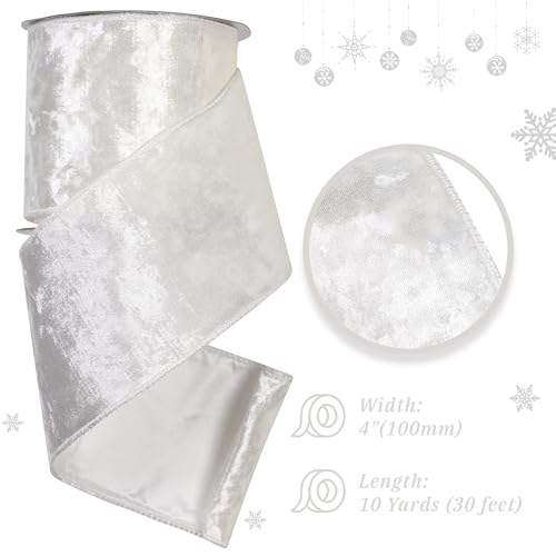 MAYREEL 4 Inch White Crushed Velvet Ribbon Wired Thick Ribbon for Christmas Decorations Gift Wrapping Wreaths Tree Toppers 10 Yards - Image 2