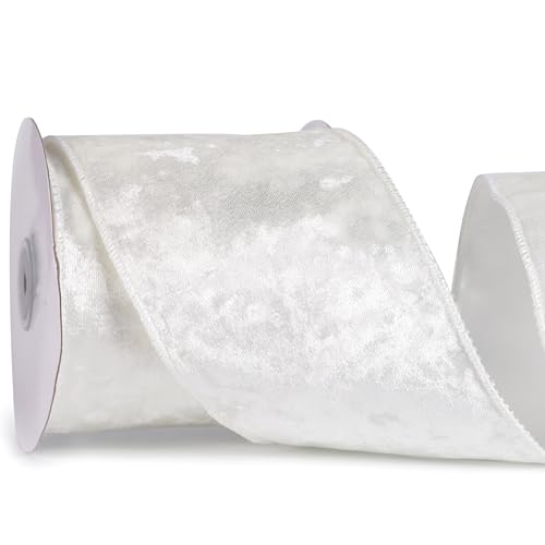 MAYREEL 4 Inch White Crushed Velvet Ribbon Wired Thick Ribbon for Christmas Decorations Gift Wrapping Wreaths Tree Toppers 10 Yards - Image 1