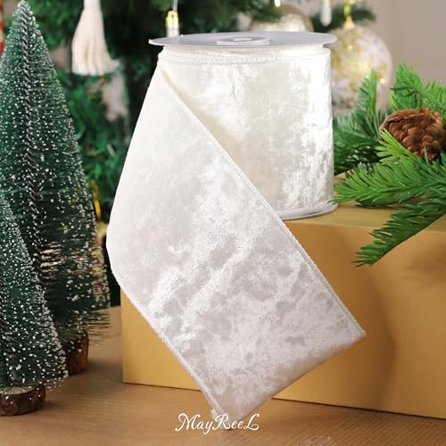 MAYREEL 4 Inch White Crushed Velvet Ribbon Wired Thick Ribbon for Christmas Decorations Gift Wrapping Wreaths Tree Toppers 10 Yards - Image 5