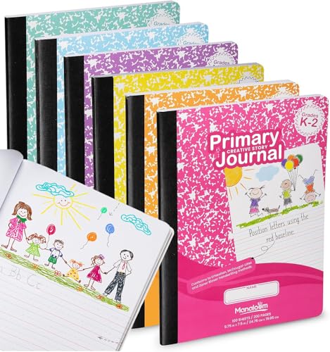 Manaloom Primary Composition Notebook K-2, Primary Journal Grades K 2, Preschool, 1st Grade, Kindergarten Notebooks, Primary Ruled - 9.75″ x 7.50″ - Sturdy Covers - 100 Sheets - Assorted Colors - (6 Pack) - Image 1