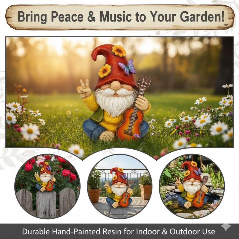 GoGnome Peace Sign Garden Gnome Figurine Outdoor Statue, Funny Guitar Playing Dwarf Rock Music Decor - 6â€˜â€™ Resin Lawn Ornament, Unique Housewarming Gift for Music Lovers & Gardeners (Red) - Image 2
