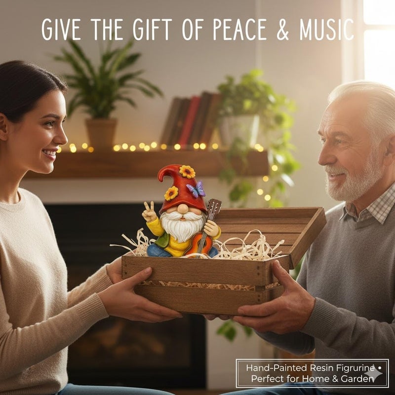 GoGnome Peace Sign Garden Gnome Figurine Outdoor Statue, Funny Guitar Playing Dwarf Rock Music Decor - 6â€˜â€™ Resin Lawn Ornament, Unique Housewarming Gift for Music Lovers & Gardeners (Red) - Image 4