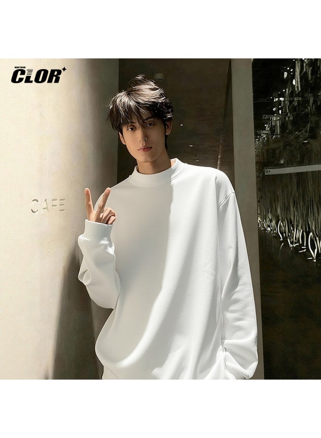 Clor Men's Half Turtleneck Long Sleeve T-shirt Spring And Autumn Warm Base Layer German Velvet Sweatshirt Cxt04 White XL