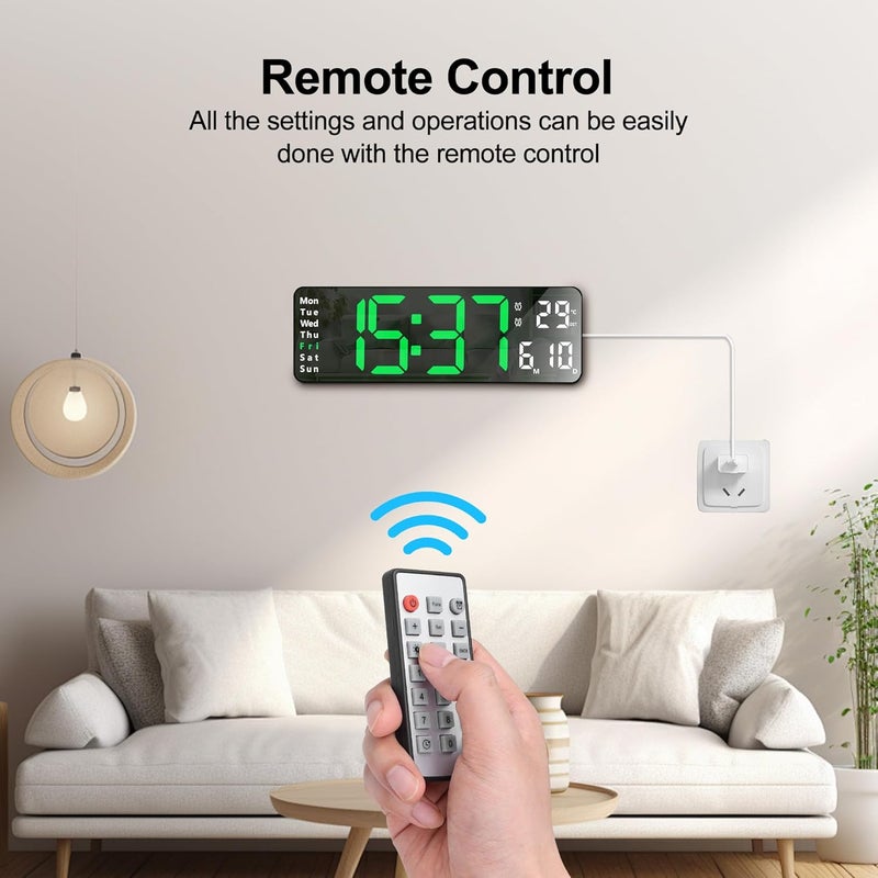 Lafocuse Silent Digital Wall Clock Large Display 13 Inch with Date Week Temperature, LED Clock with Remote Control for Living Room Decor Office Kitchen, Automatic Brightness Dimmer, Countdown, Green - Image 3
