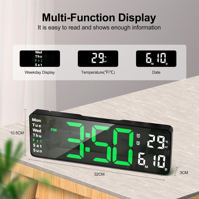 Lafocuse Silent Digital Wall Clock Large Display 13 Inch with Date Week Temperature, LED Clock with Remote Control for Living Room Decor Office Kitchen, Automatic Brightness Dimmer, Countdown, Green - Image 4