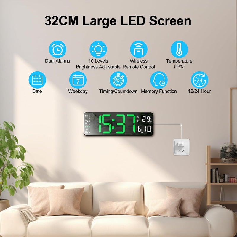 Lafocuse Silent Digital Wall Clock Large Display 13 Inch with Date Week Temperature, LED Clock with Remote Control for Living Room Decor Office Kitchen, Automatic Brightness Dimmer, Countdown, Green - Image 2