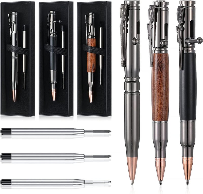Excefore Expert Ballpoint Pen, 3Pcs Bolt Action Pen, Bullet Shaped Metal Pen, Wood Ballpoint Solid Brass Pens With 3Pcs Black Ink Refills & 3 Present Boxes For Student, Executive, Office, Birthday, Souvenir - Image 1