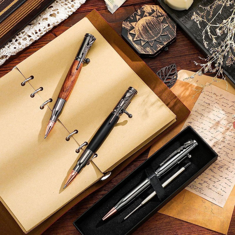 Excefore Expert Ballpoint Pen, 3Pcs Bolt Action Pen, Bullet Shaped Metal Pen, Wood Ballpoint Solid Brass Pens With 3Pcs Black Ink Refills & 3 Present Boxes For Student, Executive, Office, Birthday, Souvenir - Image 2