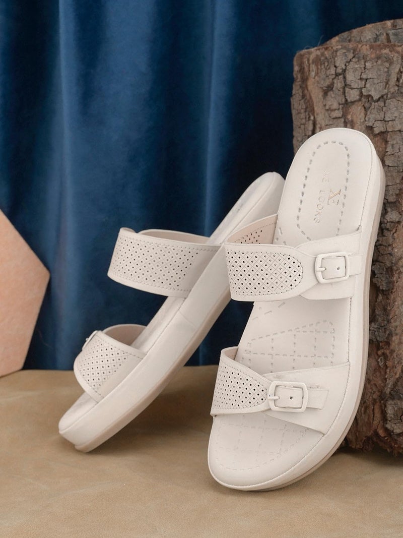 XE Looks Elegant Light Cream Buckle Sandals - Perforated Comfort for Everyday Style - Image 2