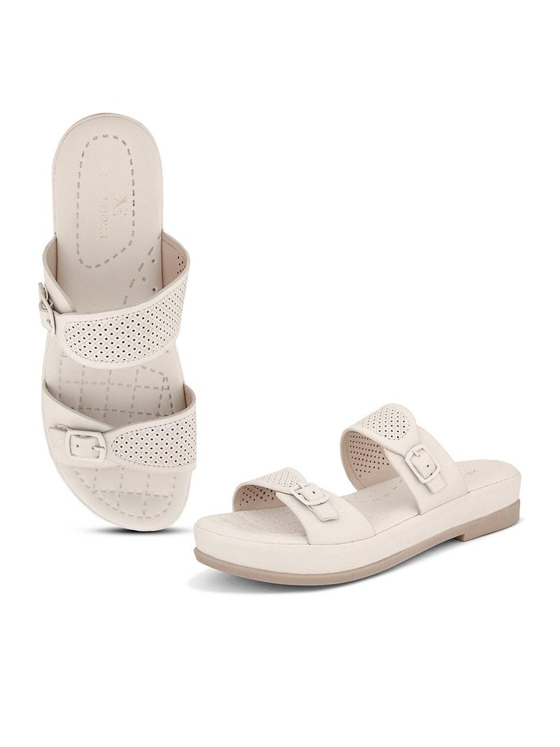 XE Looks Elegant Light Cream Buckle Sandals - Perforated Comfort for Everyday Style - Image 1