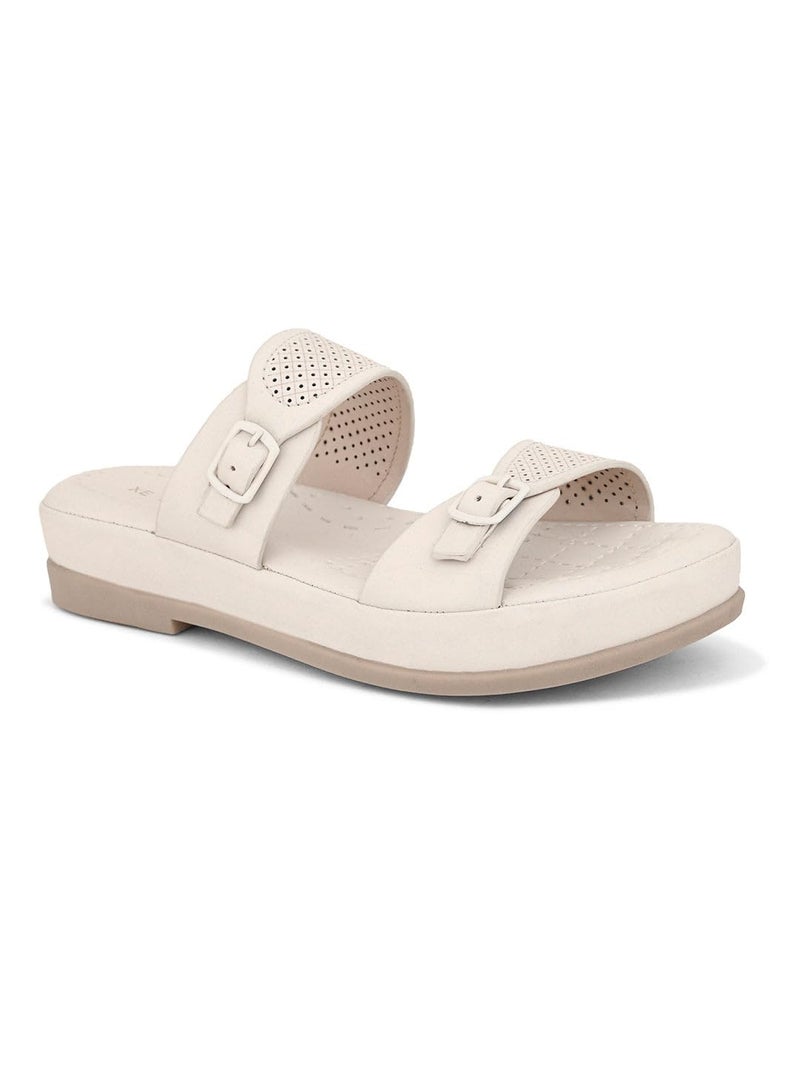 XE Looks Elegant Light Cream Buckle Sandals - Perforated Comfort for Everyday Style - Image 5