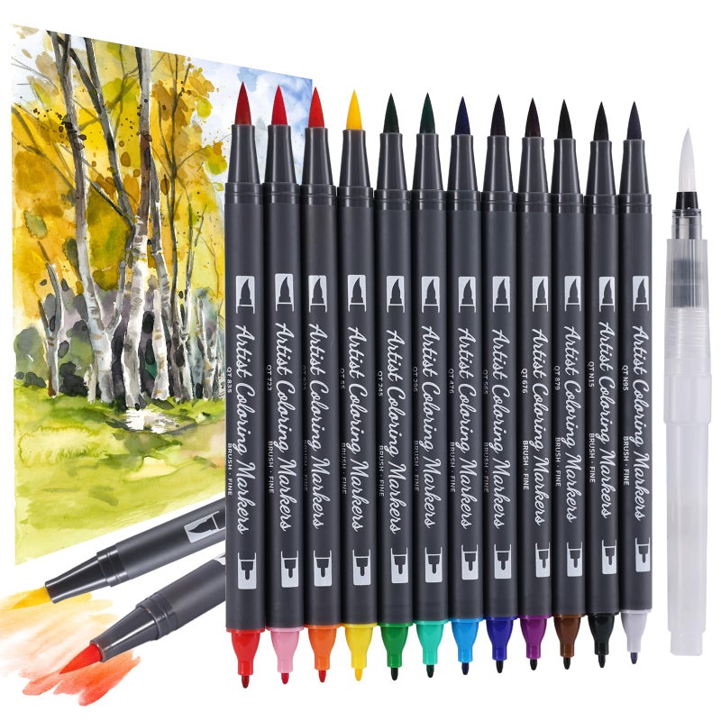 TOSHARE 12 Colors Blendable Watercolor Markers for Adults 2025 Professional Double Tip Paint Pens with 1 Water Brush Pen Water Based Coloring Pens Drawing Markers Set with Flexible Brush Tip - Image 1