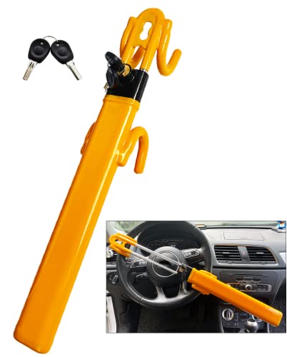 Dodomes Steering Wheel Lock Anti-Theft Heavy Duty Secure Car Device, Adjustable Length Clamp Double Hook Locks Universal Fit (Yellow) - Image 1