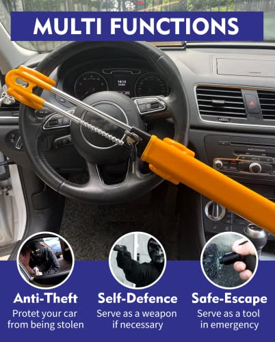 Dodomes Steering Wheel Lock Anti-Theft Heavy Duty Secure Car Device, Adjustable Length Clamp Double Hook Locks Universal Fit (Yellow) - Image 3