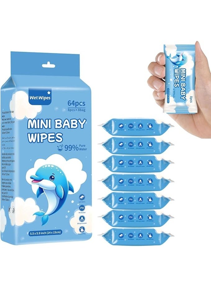 Wet 64 Count Mini Baby Wet Wipes Total 8 pcs Individually Wrapped 99% Pure Water Hypoallergenic Eco-Friendly and Perfect for Newborns and On the Go Families - Image 1