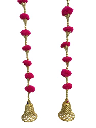 Aahum Handmade Wall Door Dark Pink Color PomPom String With Golden Beads,Triangle Flowers Hanging Torans Garland Bandhwar Decoration Item for Home Décor Diwali,Festival,Navratri,Wedding (4FT 4Strings) - Image 5