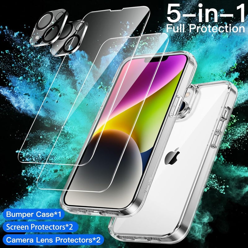 Jetech 3 In 1 Case For Iphone 14 Plus 6.7-Inch, With 2-Pack Screen Protector And 2-Pack Camera Lens Protector, Full Coverage Tempered Glass Film, Shockproof Bumper Phone Cover Clear - Image 2