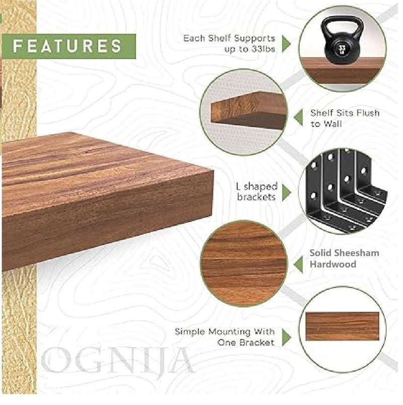 Crysellewoods Wooden Wall Shelf for Living Room Floating Shelf 25 for Bedroom Kitchen Bathroom Solid Wooden Shelves Set of 2 Solid Sheesham Wood - Image 4