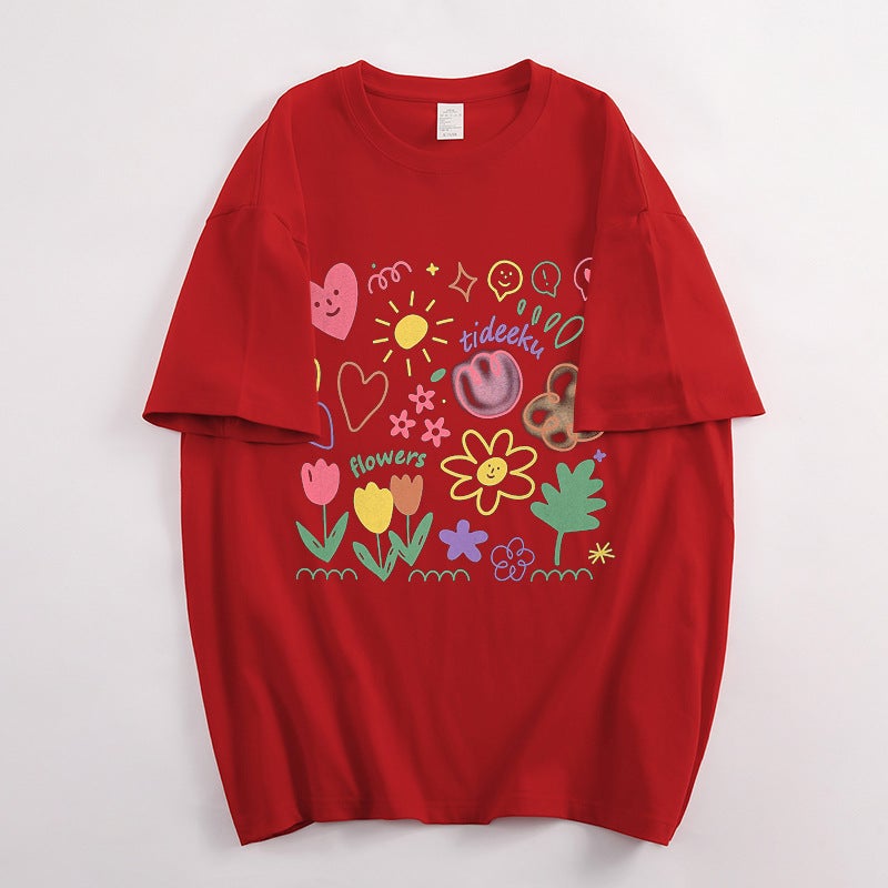 Pure Cotton Collar Klein Blue Cartoon Graffiti Print Short-Sleeved T-Shirt Women'S Summer Loose Casual Half-Sleeved Top T-Shirt - Image 1