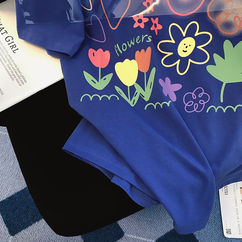 Pure Cotton Collar Klein Blue Cartoon Graffiti Print Short-Sleeved T-Shirt Women'S Summer Loose Casual Half-Sleeved Top T-Shirt - Image 4