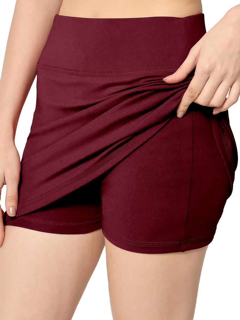 Mehrang Skirt with Shorts for Women's & Girl's Solid High Waist Flared Skater Short Mini Skirt (L, Wine) - Image 1
