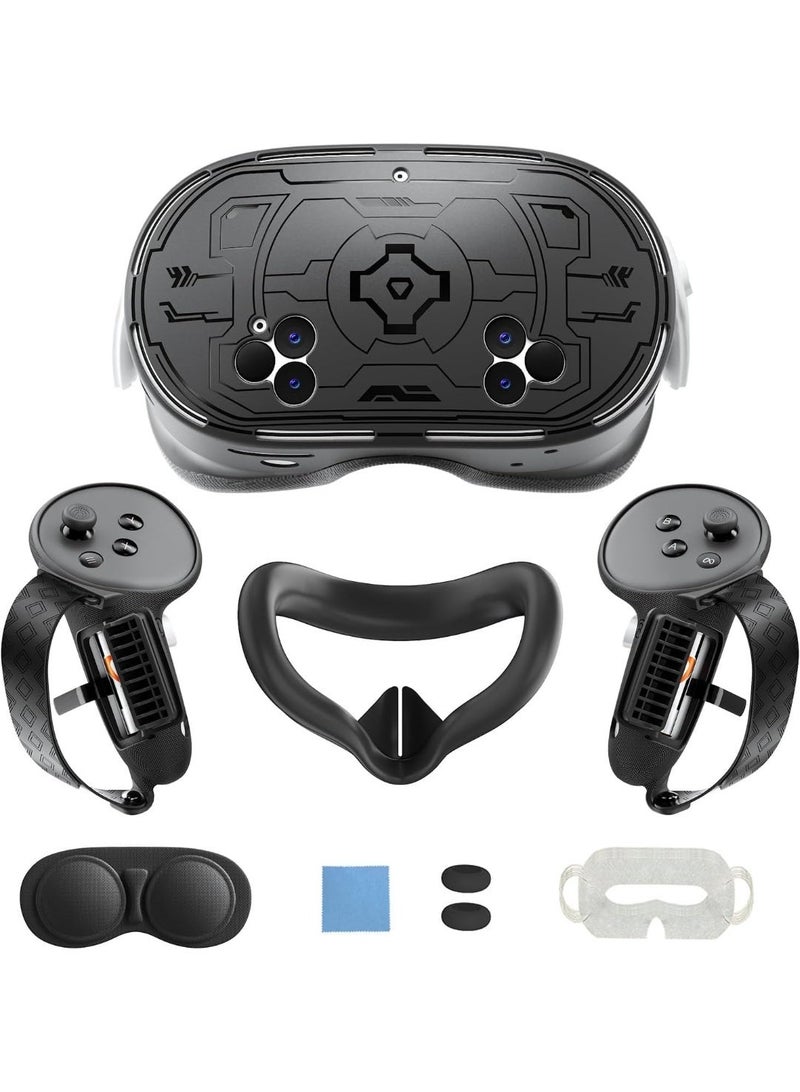 CENXI مجموعة ملحقات 7 في 1 لجهاز Meta Quest 3s، غطاء سماعة الواقع الافتراضي Oculus Quest 3 S، مقابض وحدة التحكم، حزام اليد، وسادة الوجه المصنوعة من السيليكون، واقي العدسة، مقبض الإبهام، واقي العرق (أسود) - Image 1