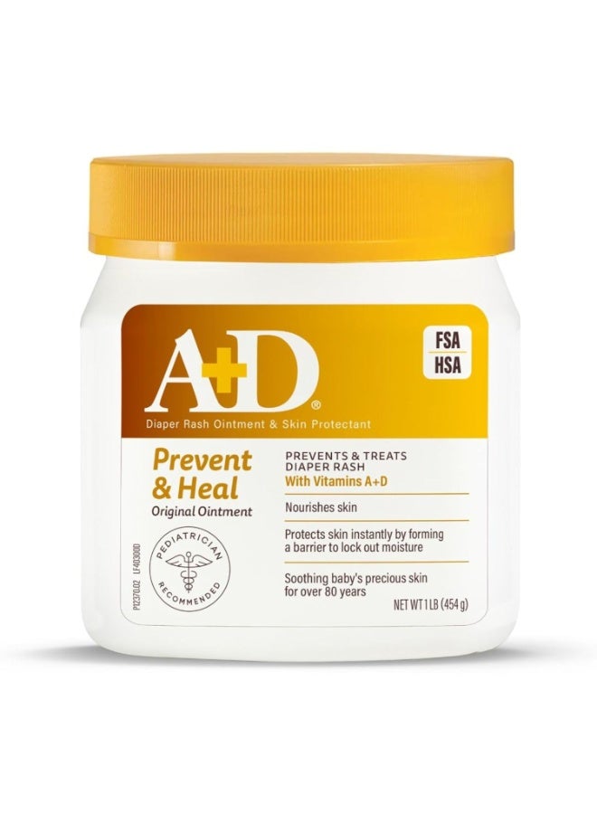 A + D مرهم A+D الأصلي لعلاج طفح الحفاضات، يمنع ويحمي طفح الحفاضات، يرطب ويعالج البشرة الجافة مع الفيتامينات A&D، 16 أونصة في الجرة - Image 1